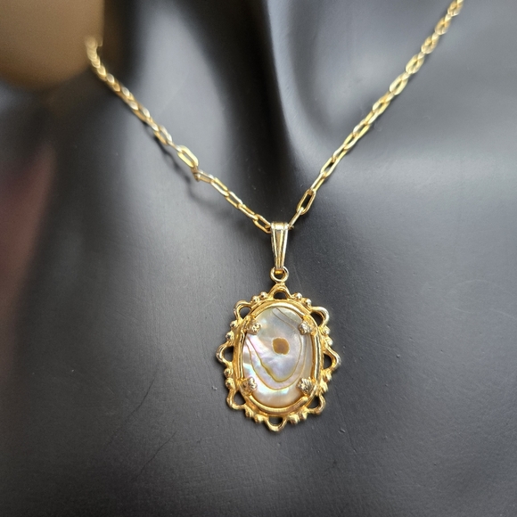 Vintage Abalone 14k Gold Necklace & Pierced Earrings - Picture 14 of 16